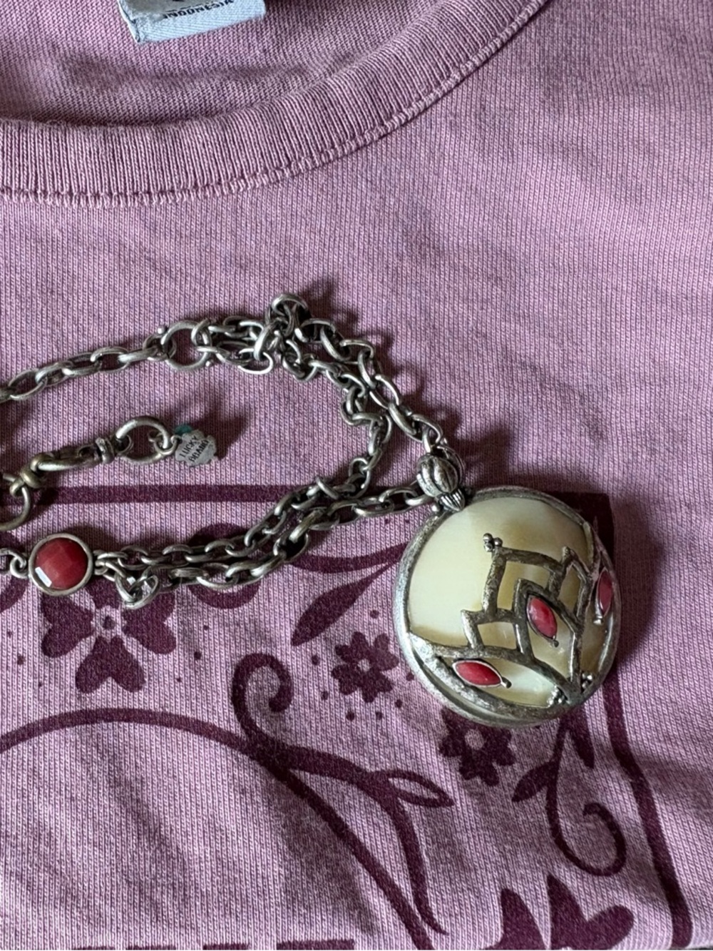 Lucky Brand Lotus Necklace with Opal look stone & burgundy petals - Picture 4 of 6